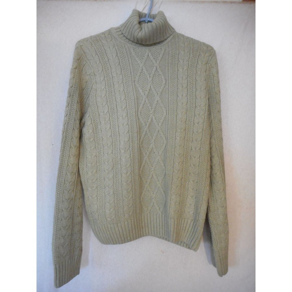 Vintage Sage 100% Cotton cable knit ribbed turtleneck Sweater Sz L Jeanne Pierre